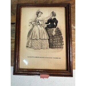 Vintage Godey Fashion 1848 Framed Art  Victorian  jewerly box with mirror